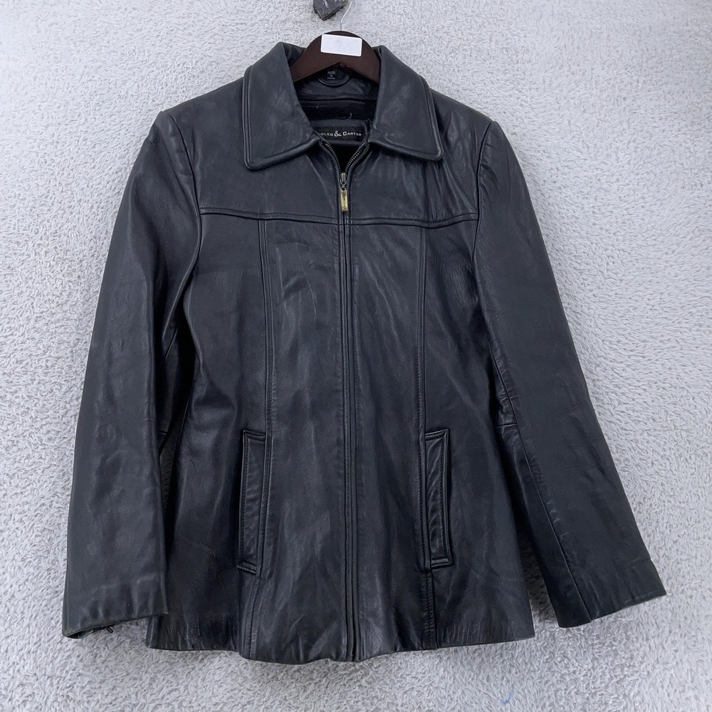 Knoles & Carter‎ Jacket Womens Medium Black Genuine Leather Zip Front Pile Lined